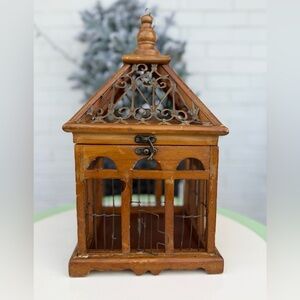 Vintage Wooden Birdcage w Brass Metal Accent Home Decor Bird Rabbit Antique Art